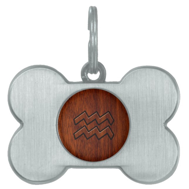 Aquarius Zodiac Sign Mahogany Wood Style Pet Tag (Front)