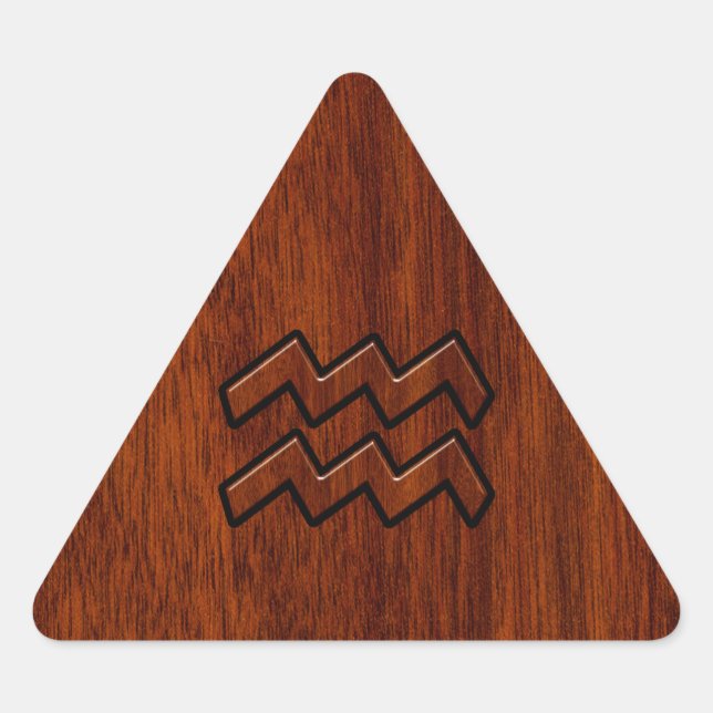 Aquarius Zodiac Sign Mahogany Wood Style Triangle Sticker (Front)