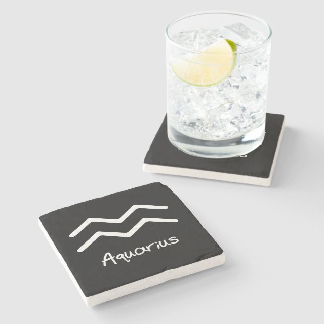 Aquarius Zodiac Sign on Black Background Stone Coaster (Side)