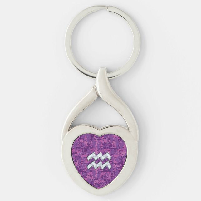 Aquarius Zodiac Sign on fuchsia digital camouflage Key Ring (Front)