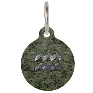 Aquarius Zodiac Sign on olive green digital camo Pet Tag