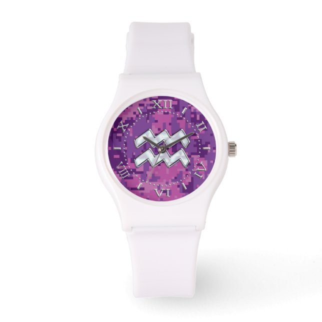 Aquarius Zodiac Sign on Pink Camouflage Dial Watch (Front)