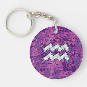 Aquarius Zodiac Sign on Pink Digital Camouflage Key Ring