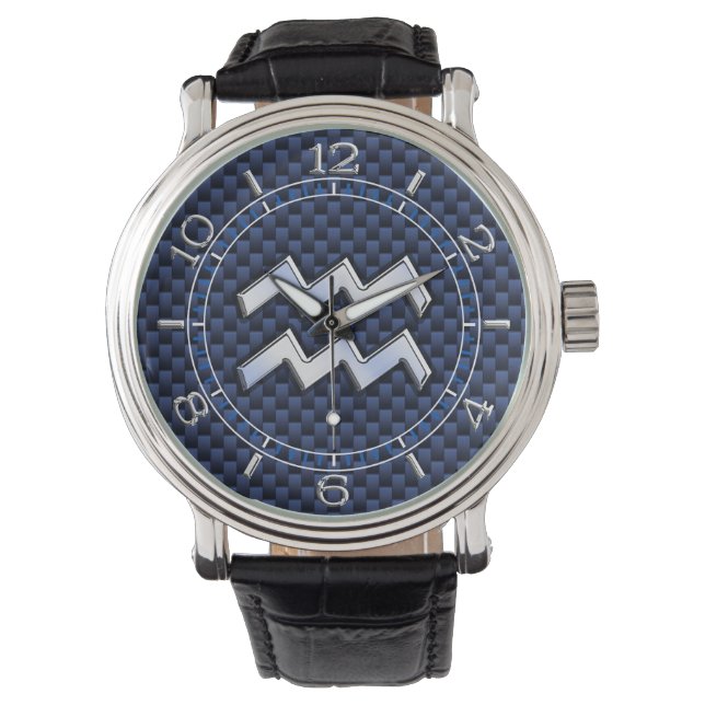 Aquarius Zodiac Sign on Royal Blue Carbon Dial Watch (Front)