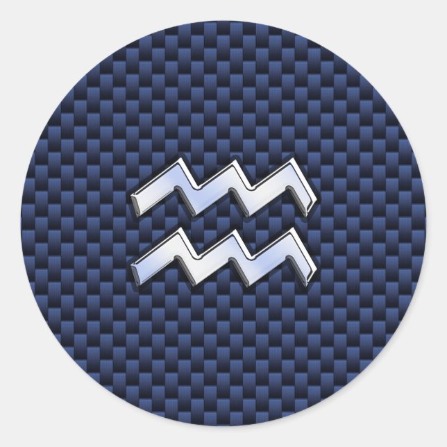 Aquarius Zodiac Sign on Royal Blue Carbon Fibre Classic Round Sticker (Front)