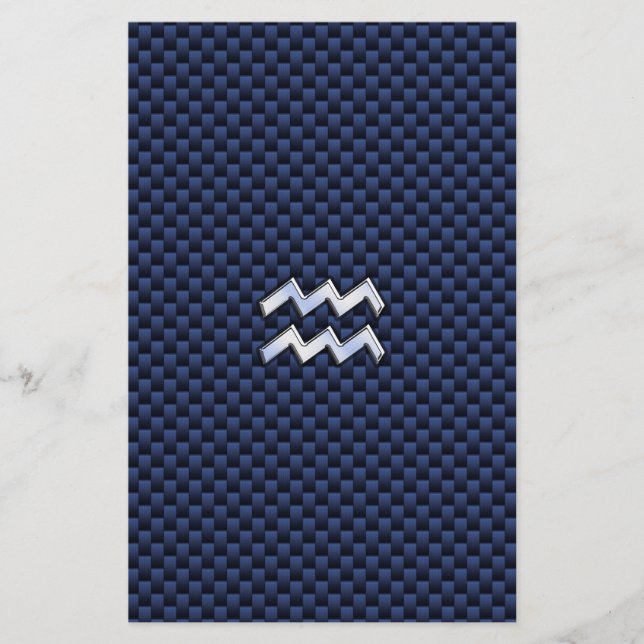 Aquarius Zodiac Sign on Royal Blue Carbon Fibre Stationery (Front)