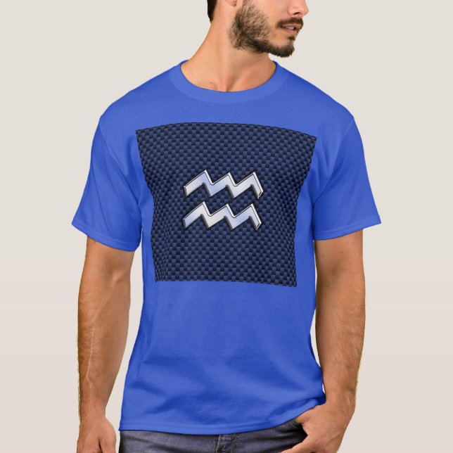 Aquarius Zodiac Sign on Royal Blue Carbon Fibre T-Shirt (Front)