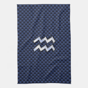 Aquarius Zodiac Sign on Royal Blue Carbon Fibre Tea Towel