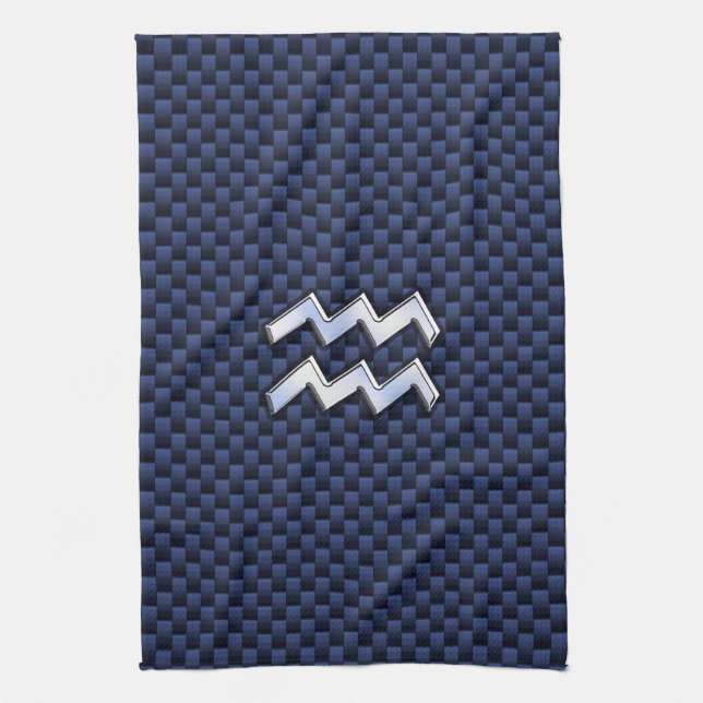 Aquarius Zodiac Sign on Royal Blue Carbon Fibre Tea Towel (Vertical)