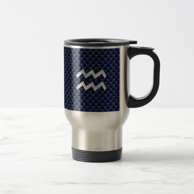 Aquarius Zodiac Sign on Royal Blue Carbon Fibre Travel Mug (Right)