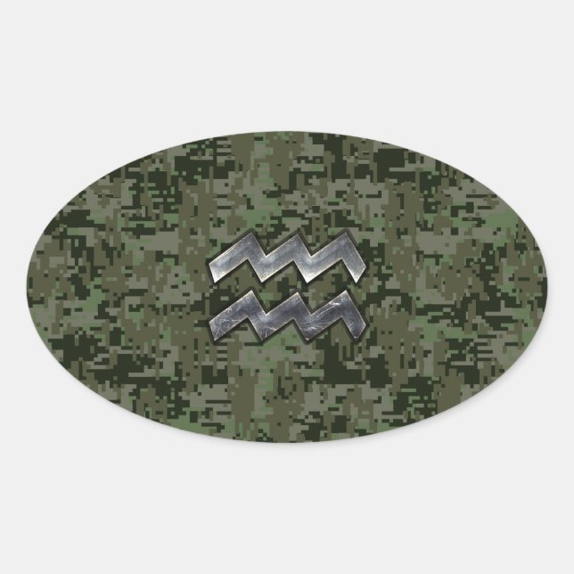 Aquarius Zodiac Sign on Woodland Digital Camo Oval Sticker (Front)