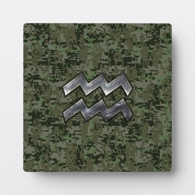 Aquarius Zodiac Sign on Woodland Digital Camo Plaque (Front)