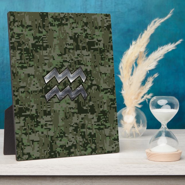 Aquarius Zodiac Sign on Woodland Digital Camo Plaque (Side)