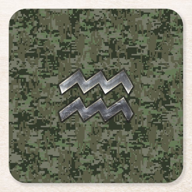 Aquarius Zodiac Sign on Woodland Digital Camo Square Paper Coaster (Front)