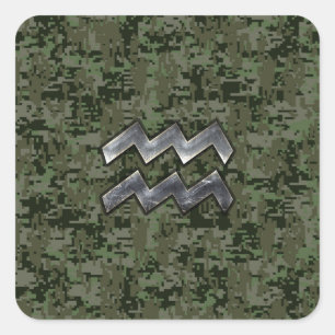 Aquarius Zodiac Sign on Woodland Digital Camo Square Sticker