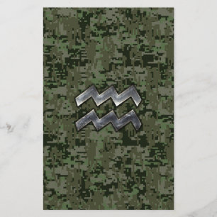 Aquarius Zodiac Sign on Woodland Digital Camo Stationery