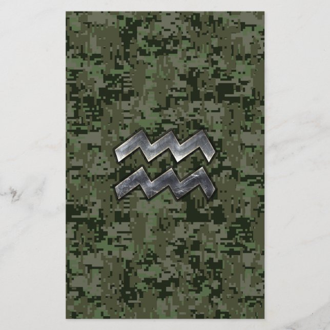 Aquarius Zodiac Sign on Woodland Digital Camo Stationery (Front)