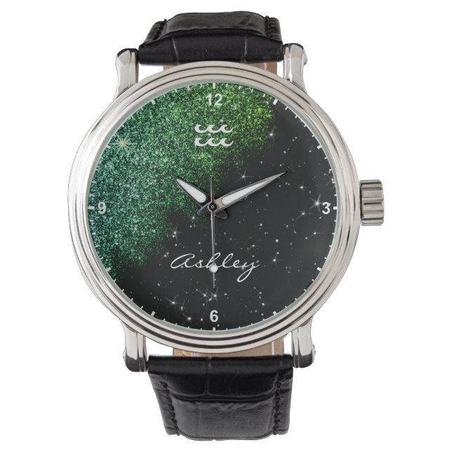 Aquarius Zodiac Sign Teal Green Glitter Stars Name Watch (Front)