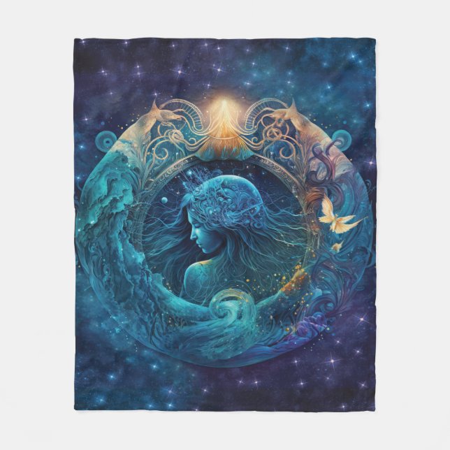 Aquarius Zodiac Sign Watercolor Design Fleece Blanket (Front)