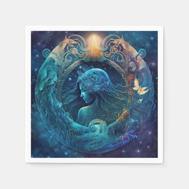 Aquarius Zodiac Sign Watercolor Design Napkin (Front)
