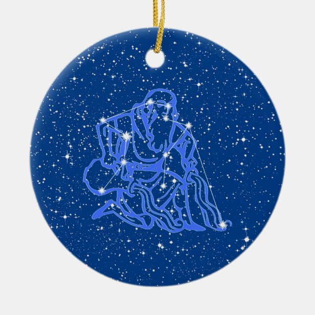 Aquarius Zodiac Sign with Stars on Deep Blue  Cera Ceramic Tree Decoration (Front)
