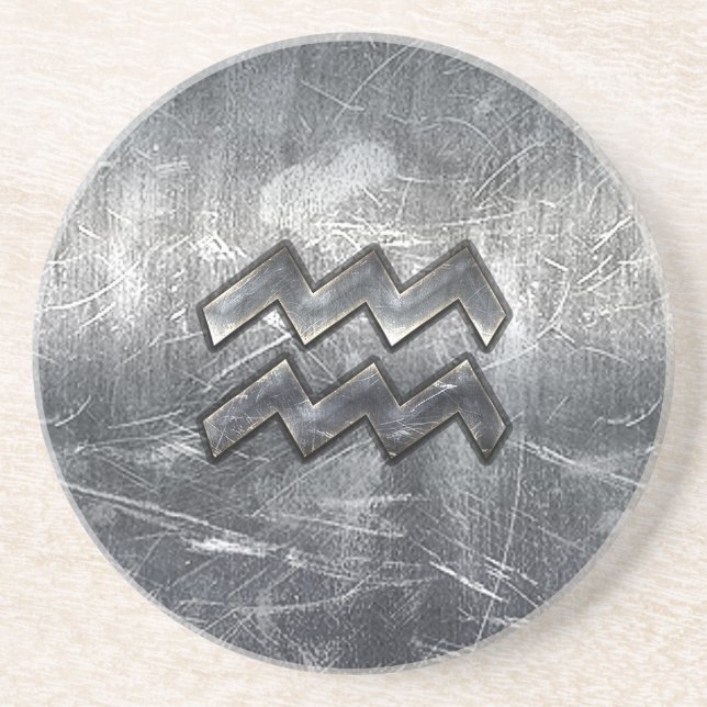 Aquarius Zodiac Symbol Distressed Silver Steel Coaster (Front)