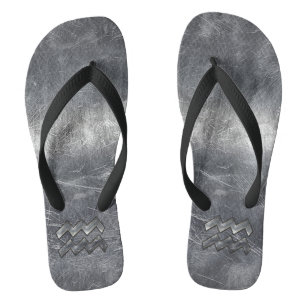 Aquarius Zodiac Symbol Distressed Silver Steel Flip Flops
