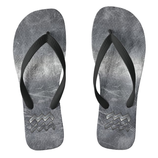 Aquarius Zodiac Symbol Distressed Silver Steel Flip Flops (Footbed)
