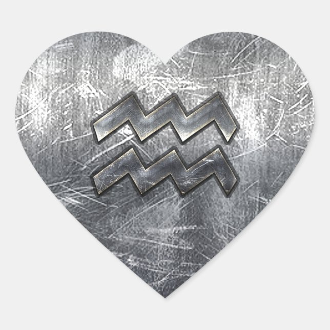 Aquarius Zodiac Symbol Distressed Silver Steel Heart Sticker (Front)