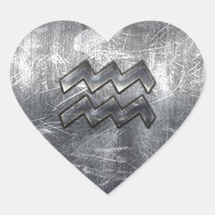 Aquarius Zodiac Symbol Distressed Silver Steel Heart Sticker