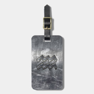 Aquarius Zodiac Symbol Distressed Silver Steel Luggage Tag