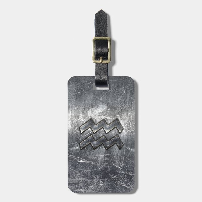 Aquarius Zodiac Symbol Distressed Silver Steel Luggage Tag (Front Vertical)