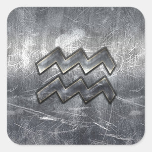 Aquarius Zodiac Symbol Distressed Silver Steel Square Sticker