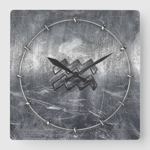 Aquarius Zodiac Symbol Distressed Silver Steel Square Wall Clock