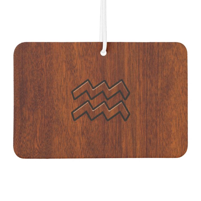 Aquarius Zodiac Symbol Mahogany Wood Style Car Air Freshener (Front)