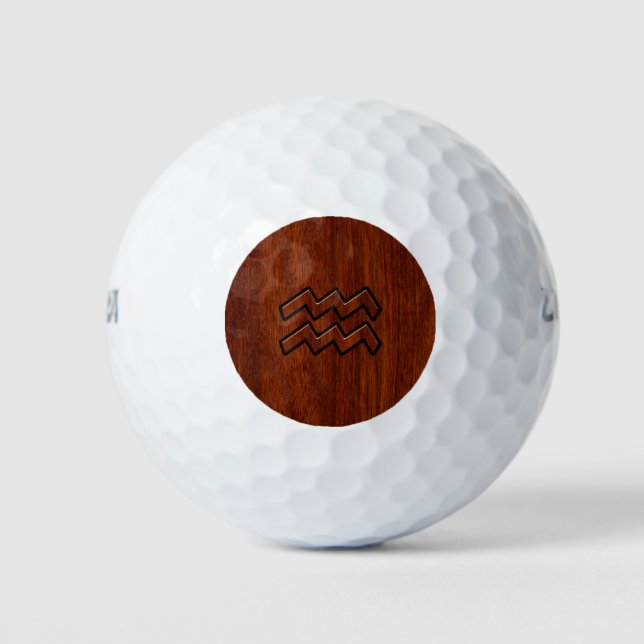 Aquarius Zodiac Symbol Mahogany Wood Style Golf Balls (Front)