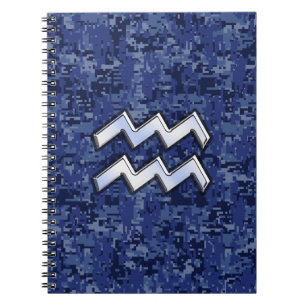 Aquarius Zodiac Symbol on blue digital camo decor Notebook