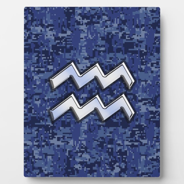 Aquarius Zodiac Symbol on blue digital camo decor Plaque (Front)