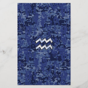 Aquarius Zodiac Symbol on blue digital camo decor Stationery