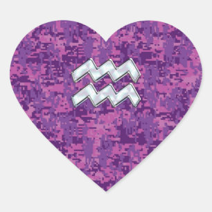 Aquarius Zodiac Symbol on fuchsia digital camo Heart Sticker