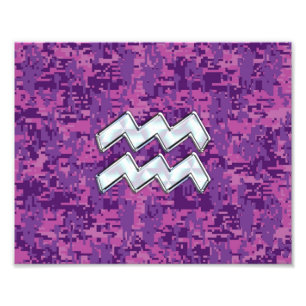 Aquarius Zodiac Symbol on fuchsia digital camo Photo Print