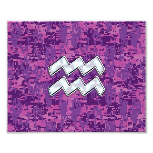 Aquarius Zodiac Symbol on fuchsia digital camo Photo Print (Front)