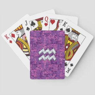 Aquarius Zodiac Symbol on fuchsia digital camo Playing Cards