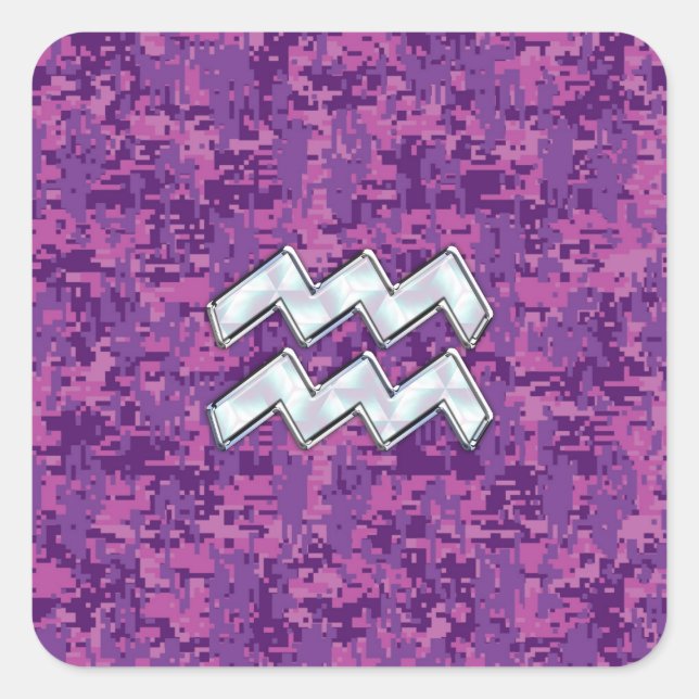 Aquarius Zodiac Symbol on fuchsia digital camo Square Sticker (Front)