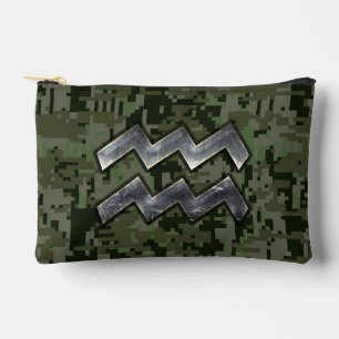 Aquarius Zodiac Symbol on Green Digital Camouflage Accessory Pouch