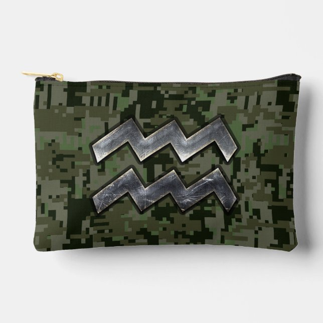 Aquarius Zodiac Symbol on Green Digital Camouflage Accessory Pouch (Front)