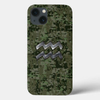 Aquarius Zodiac Symbol on Green Digital Camouflage
