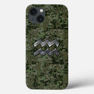 Aquarius Zodiac Symbol on Green Digital Camouflage iPhone 13 Case
