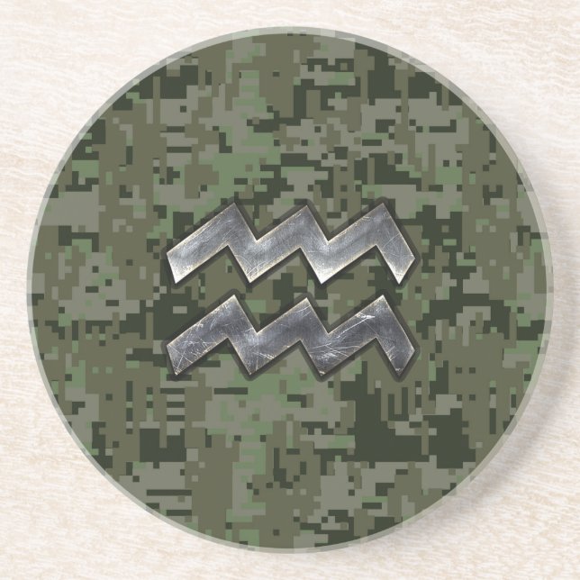 Aquarius Zodiac Symbol on Green Digital Camouflage Coaster (Front)