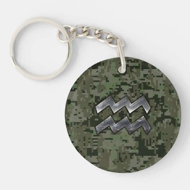 Aquarius Zodiac Symbol on Green Digital Camouflage Key Ring (Front)